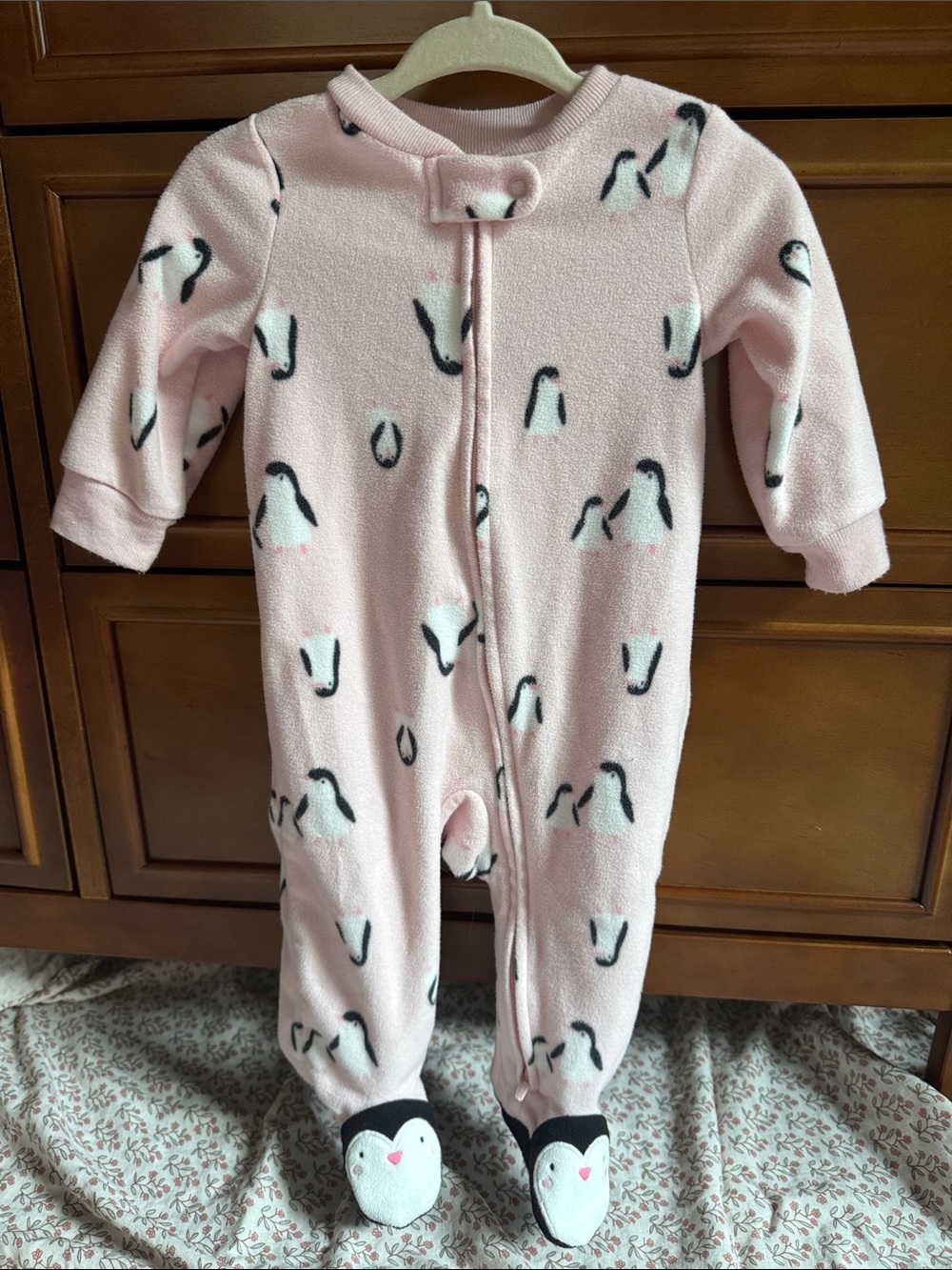 Carter's Pink Penguin Footed Fleece One-Piece